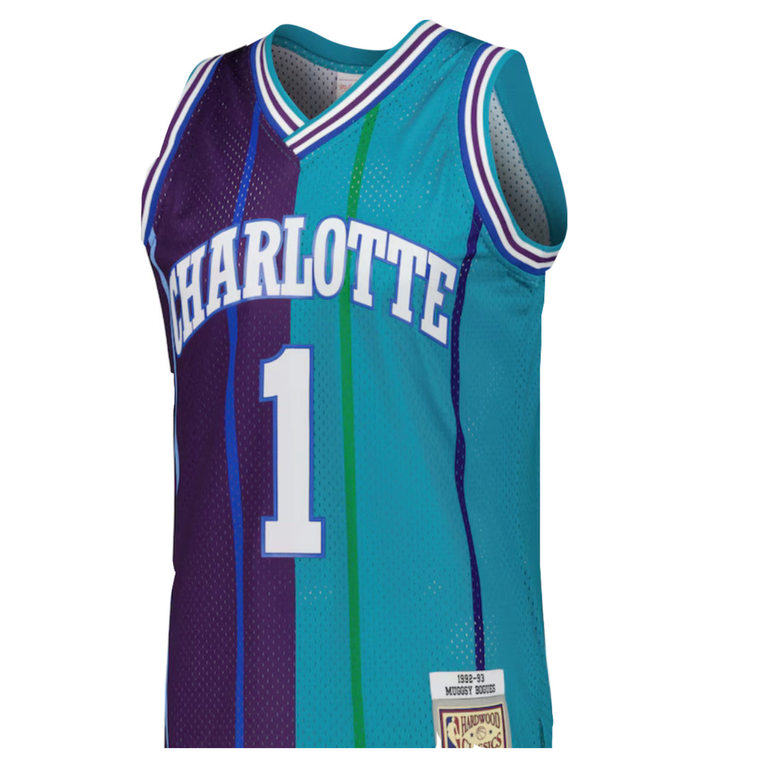 Men's Charlotte Hornets Muggsy Bogues Mitchell & Ness Teal/Purple Hardwood Classics 1992/93 Split Swingman Jersey