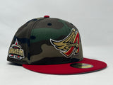 ANAHEIM ANGELS WOODLAND CAMOUFLAGE RED VISOR GRAY BRIM NEW ERA FITTED HAT
