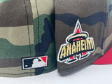ANAHEIM ANGELS WOODLAND CAMOUFLAGE RED VISOR GRAY BRIM NEW ERA FITTED HAT