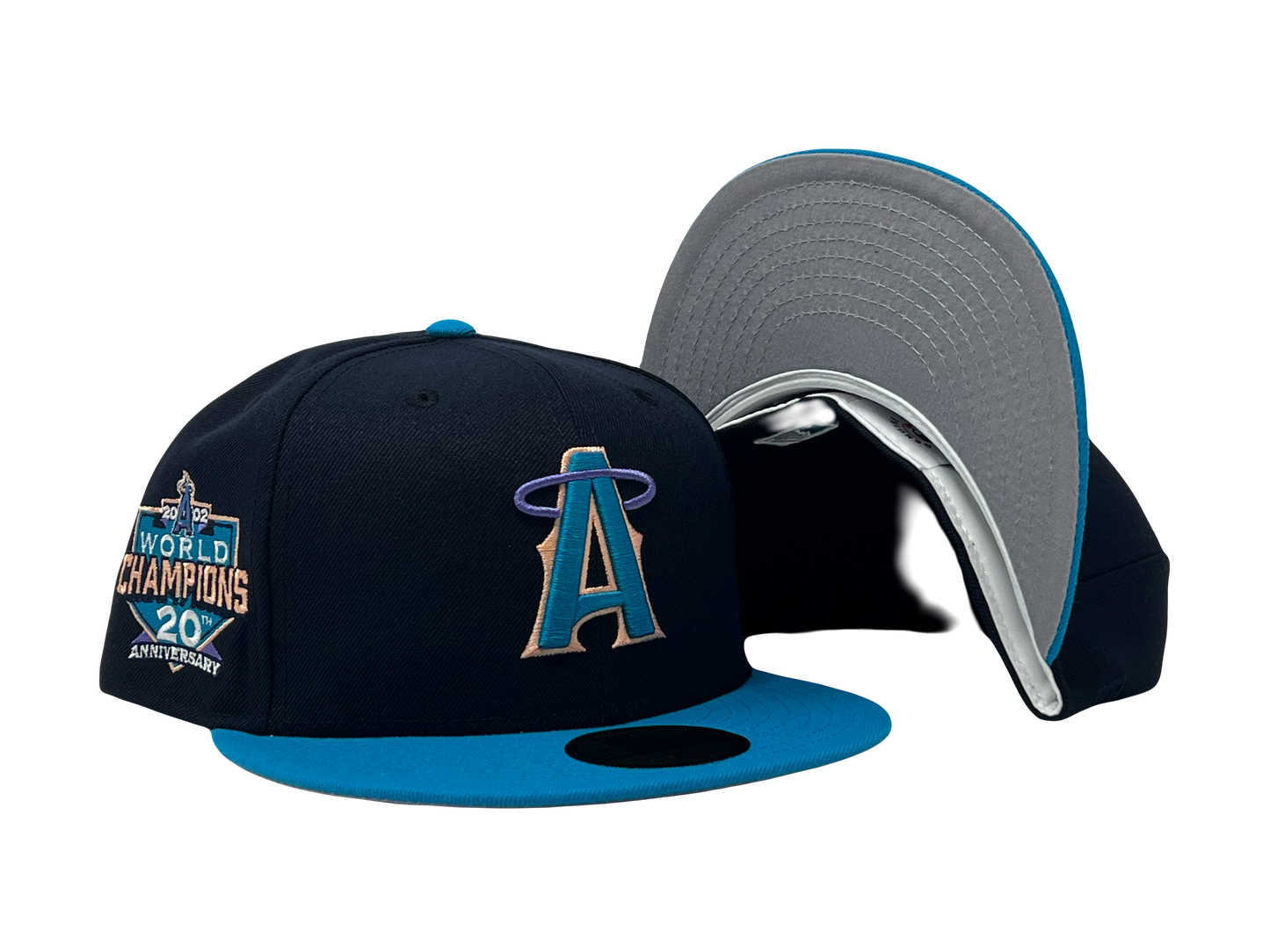 LOS ANGELES ANGELES 2002 WORLD CHAMPIONS NAVY BLUE JEWEL GRAY BRIM NEW ERA FITTED HAT
