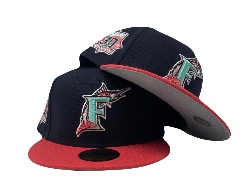  Navy Blue Florida Marlins Coral Pink Visor New Era Fitted Hat