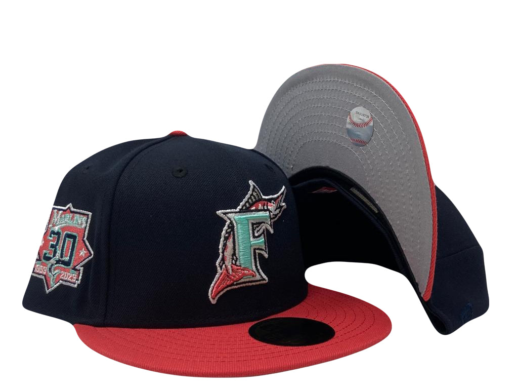  Navy Blue Florida Marlins Coral Pink Visor New Era Fitted Hat