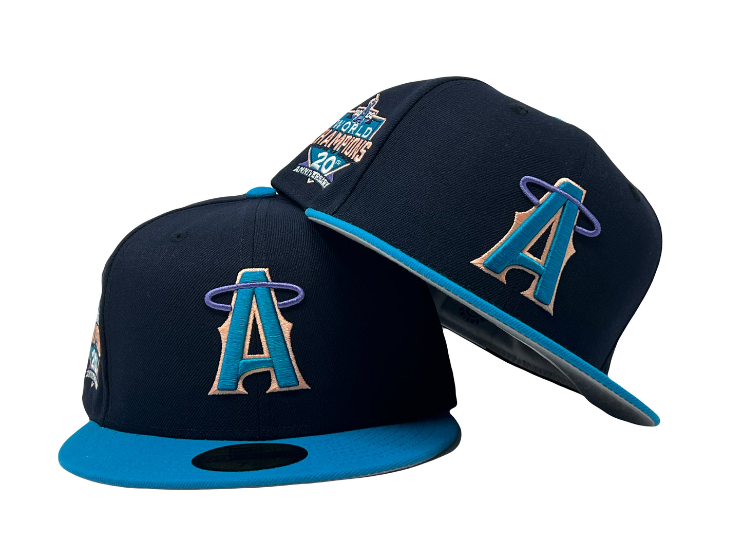 LOS ANGELES ANGELES 2002 WORLD CHAMPIONS NAVY BLUE JEWEL GRAY BRIM NEW ERA FITTED HAT