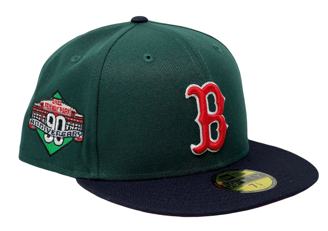 BOSTON RED SOX 90TH ANNIVERSARY GREEN NAVY VISOR RED BRIM NEW ERA FITTED HAT