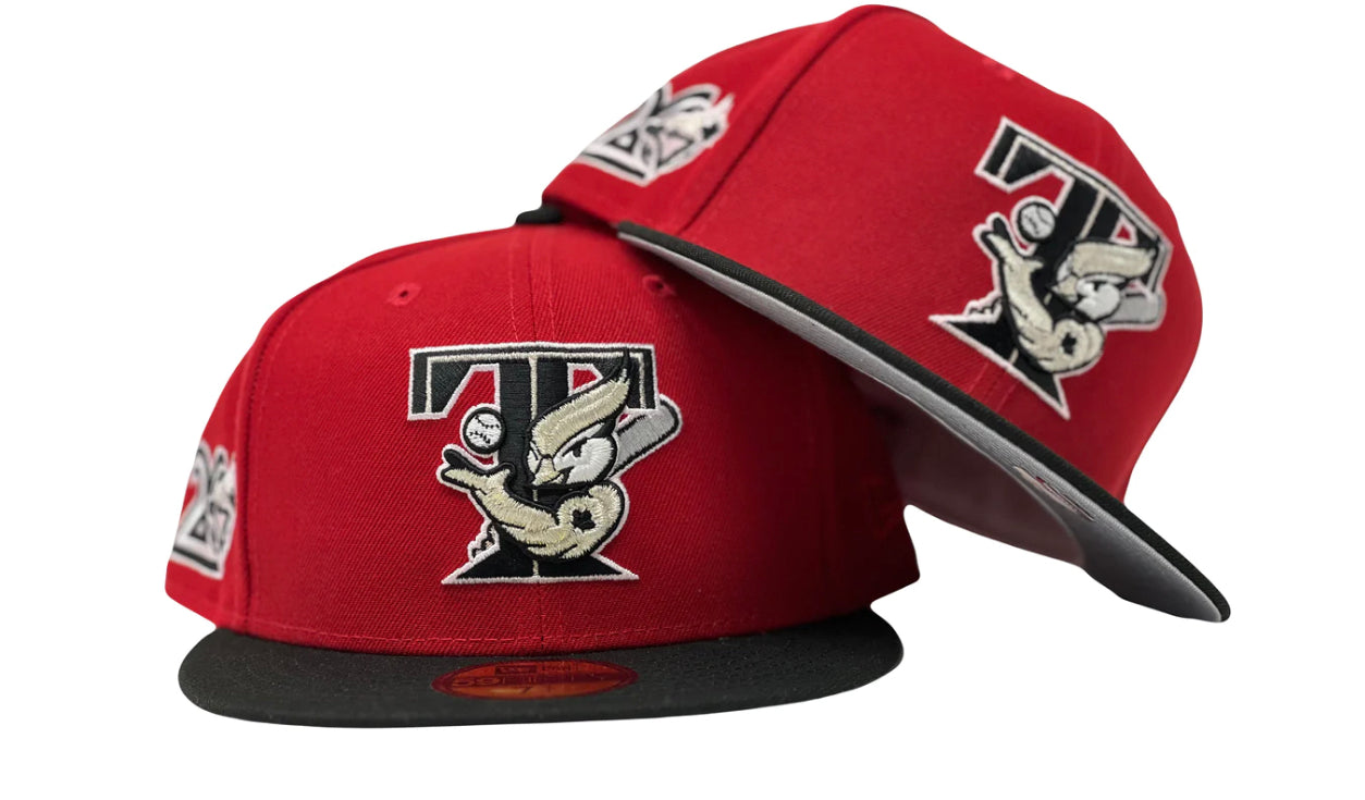 TORONTO BLUE JAYS 20TH ANNIVERSARY BLACK RED BRIM NEW ERA FITTED HAT