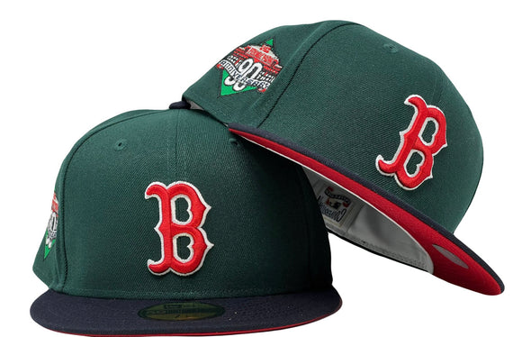 BOSTON RED SOX 90TH ANNIVERSARY GREEN NAVY VISOR RED BRIM NEW ERA FITTED HAT