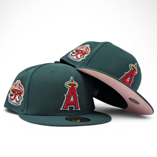 Los Angeles Angels 35th Anniversary Dark Green Pink Brim Fitted Hats