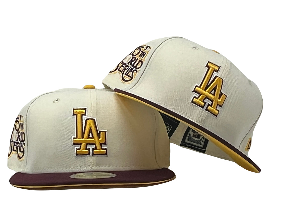 LOS ANGELES DODGERS 75TH WORLD SERIES OFF WHITE MAROON VISOR TAXI YELLOW BRIM NEW ERA FITTED HAT