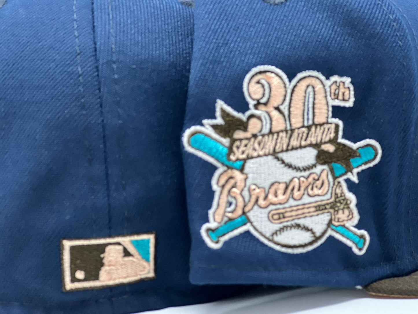 ATLANTA BRAVES 30TH ANNIVERSARY LIGHT NAVY BROWN VISOR PEACH BRIM NEW ERA FITTED HAT