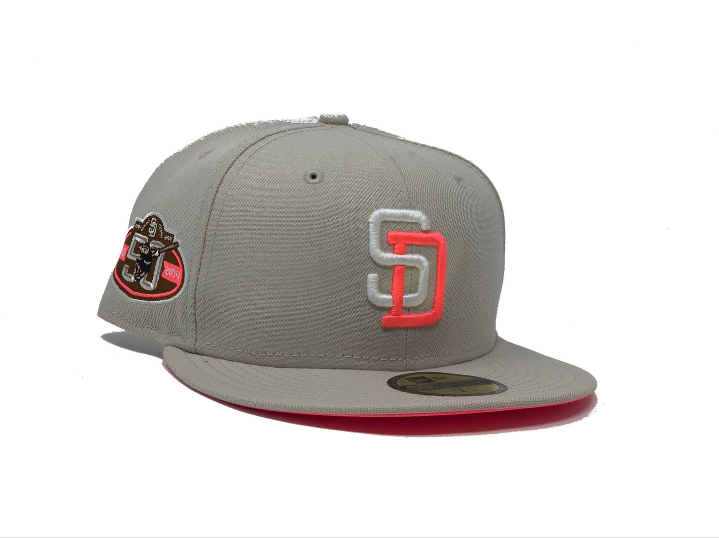 SAN DIEGO PADRES 50TH ANNIVERSARY STONE NEON PINK BRIM NEW ERA FITTED HAT