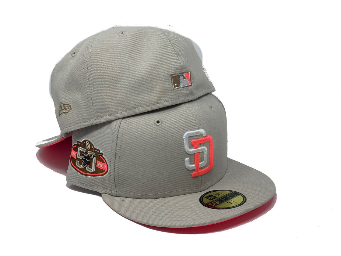 SAN DIEGO PADRES 50TH ANNIVERSARY STONE NEON PINK BRIM NEW ERA FITTED HAT