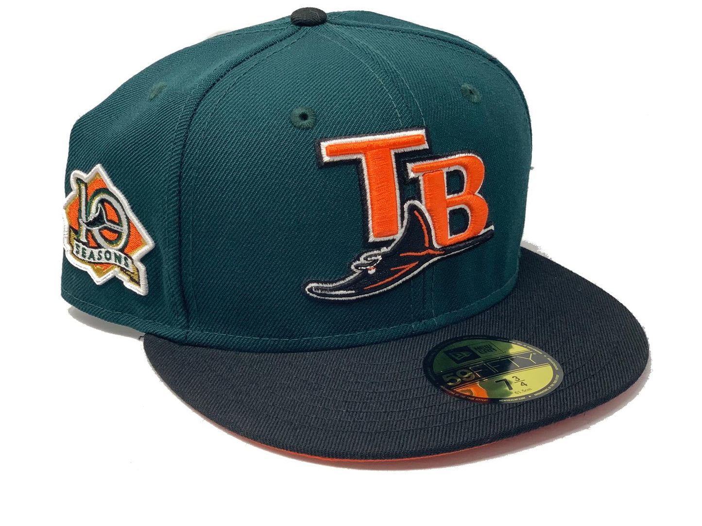 TAMPA BAY 10TH SEASONS DARK GREEN CAP BLACK VISOR ORANGE BRIM NEW ERA FITTED HAT