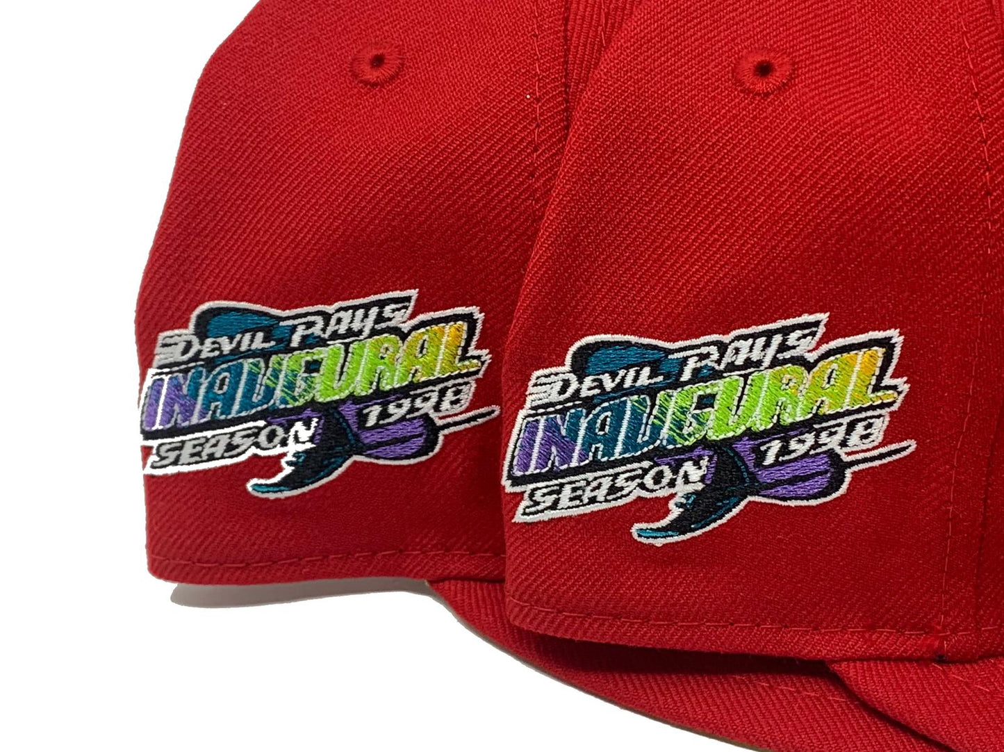 TAMPA BAY DEVIL RAYS 1998 INAUGURAL SEASON RED NEON GREEN BRIM NEW ERA FITTED HAT