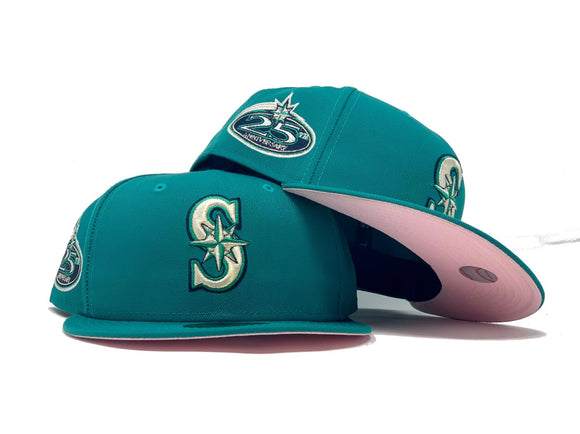 SEATTLE MARINERS 25TH ANNIVERSARY AQUA PINK BRIM NEW ERA FITTED HAT