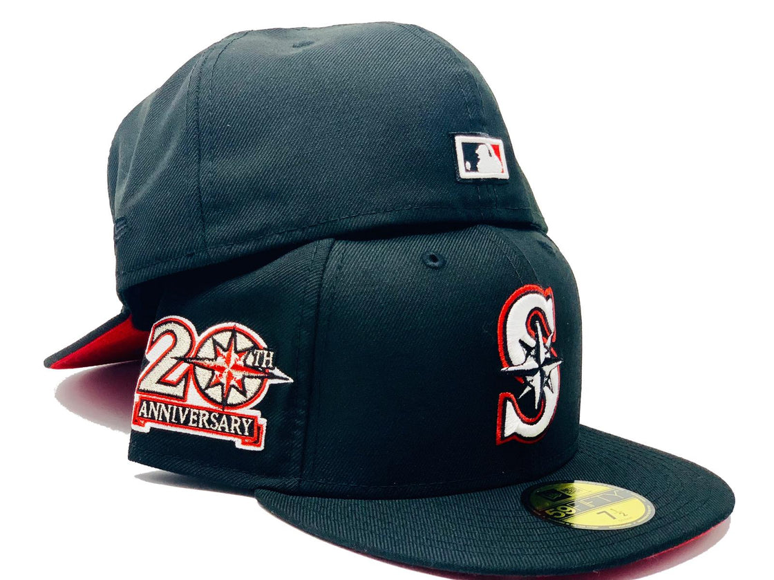 SEATTLE MARINERS 20TH ANNIVERSARY BLACK RED BRIM NEW ERA FITTED HAT