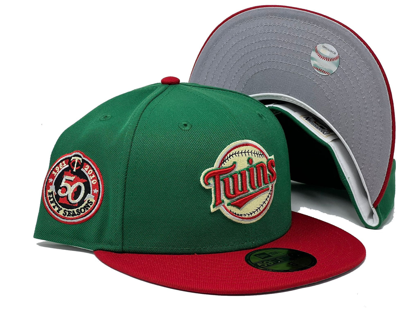Minnesota Twins 50th Anniversary Green Red Visor Gray Brim New Era Fitted Hat
