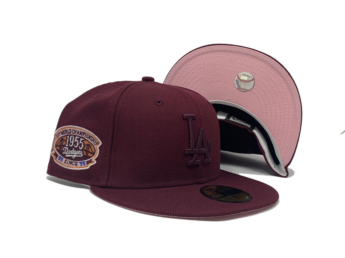 LOS ANGELES DODGERS 1955 WORLD CHAMPIONS MAROON PINK BRIM NEW ERA FITTED HAT