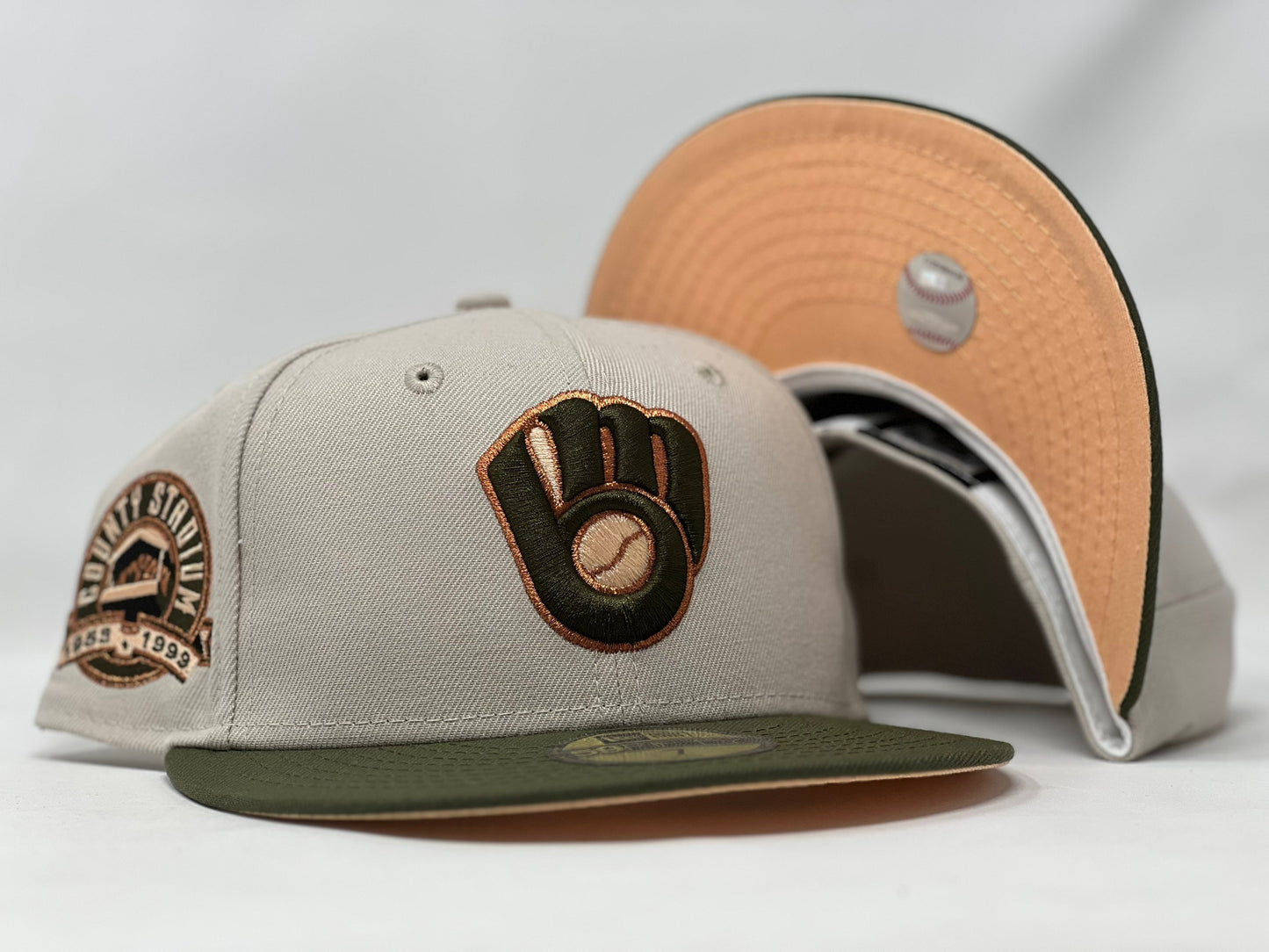 Milwaukee Brewers County Stadium Stone Olive Visor Peach Brim New Era Fitted Hat