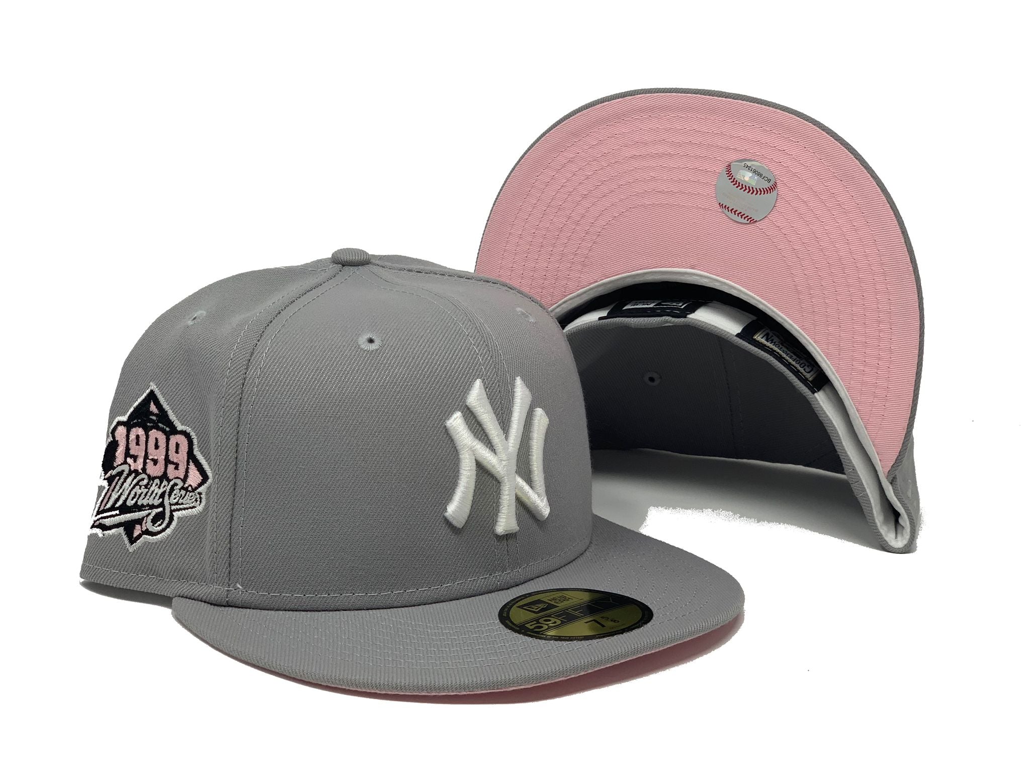 New Era Mens MLB New York Yankees 1999 World Series 59FIFTY Fitted Hat 70652348 Gray/White, Pink Undervisor 7 1/2