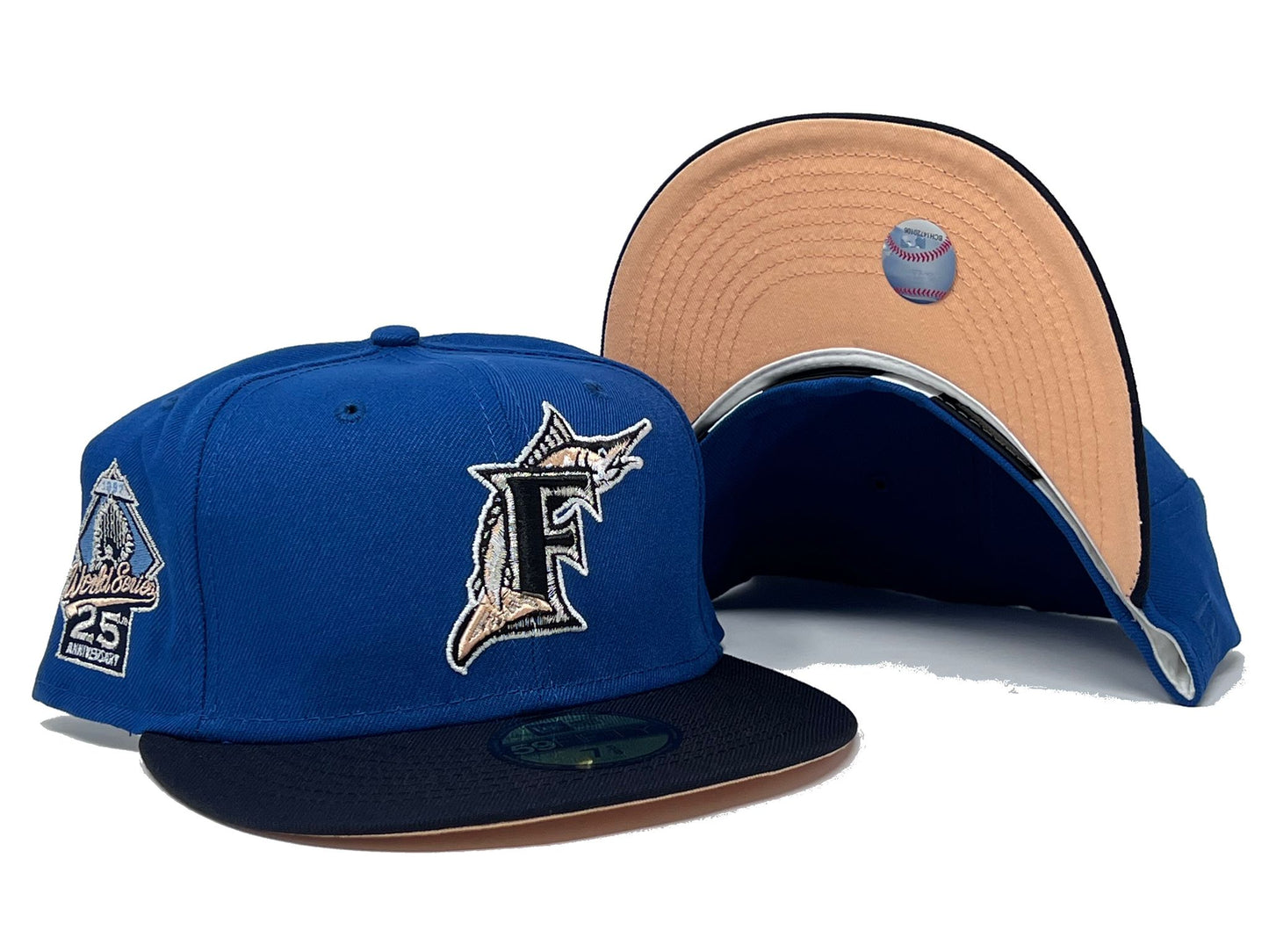 FLORIDA MARLINS 25TH ANNIVERSARY "GRECIAN HOLIDAY" PACK PEACH BRIM NEW ERA FITTED HAT