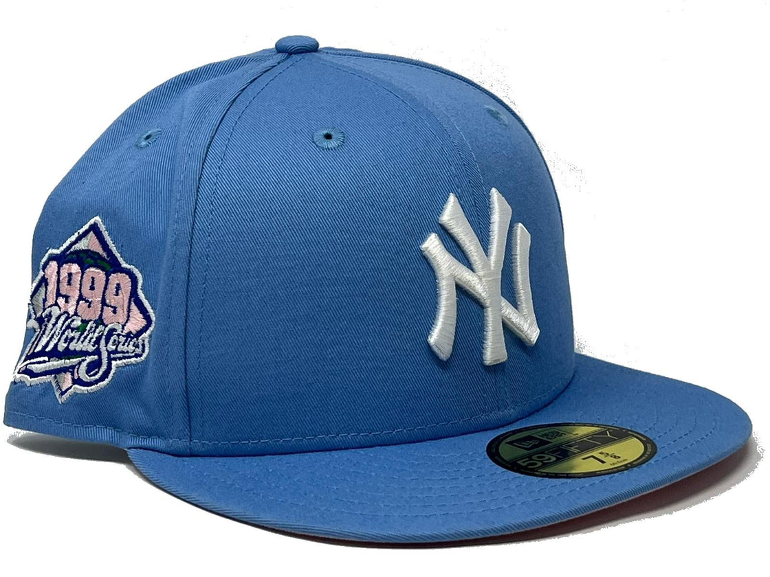 NEW YORK YANKEES 1999 WORLD SERIES SKY BLUE PINK BRIM NEW ERA FITTED HAT