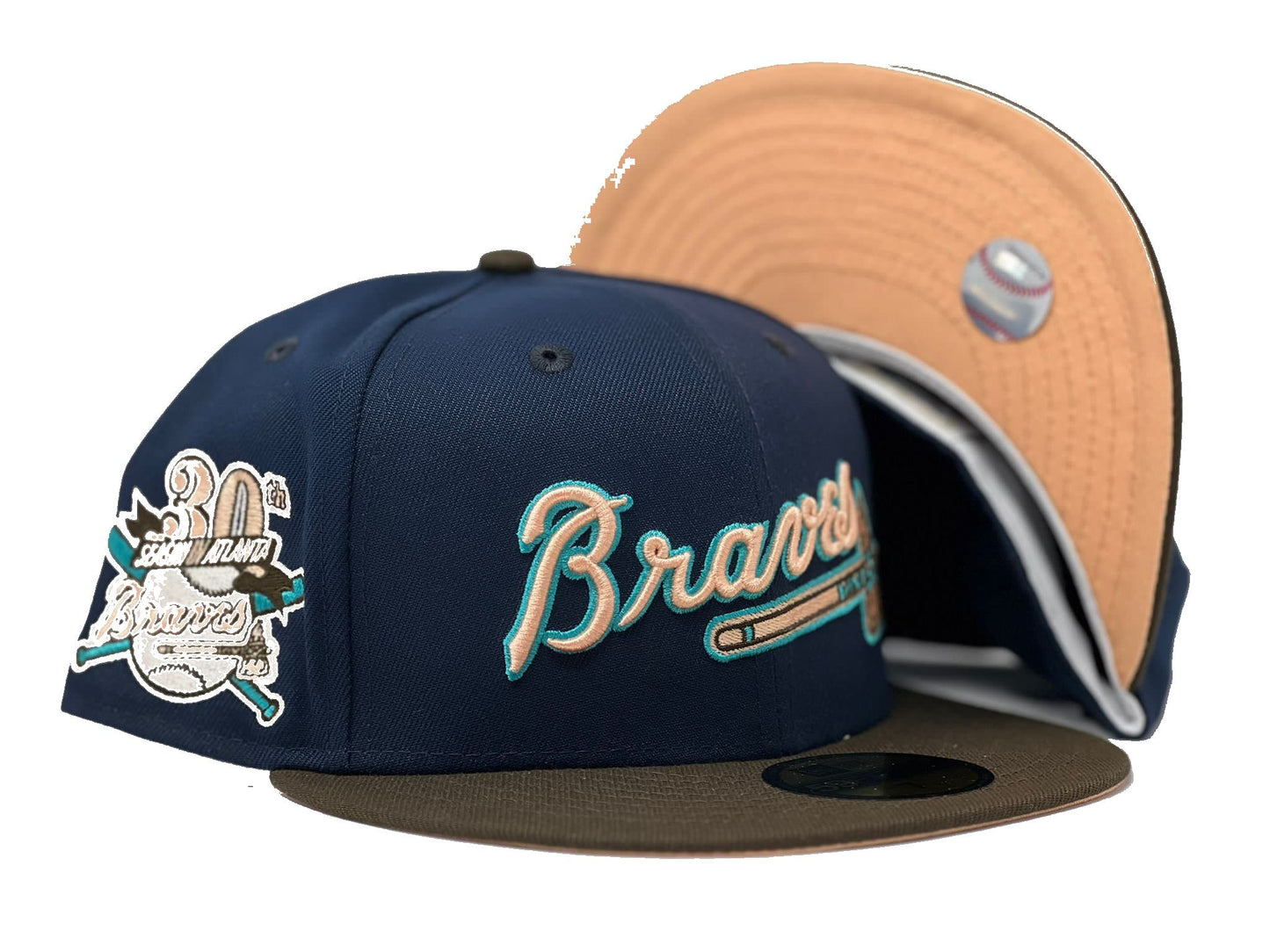 ATLANTA BRAVES 30TH ANNIVERSARY LIGHT NAVY BROWN VISOR PEACH BRIM NEW ERA FITTED HAT