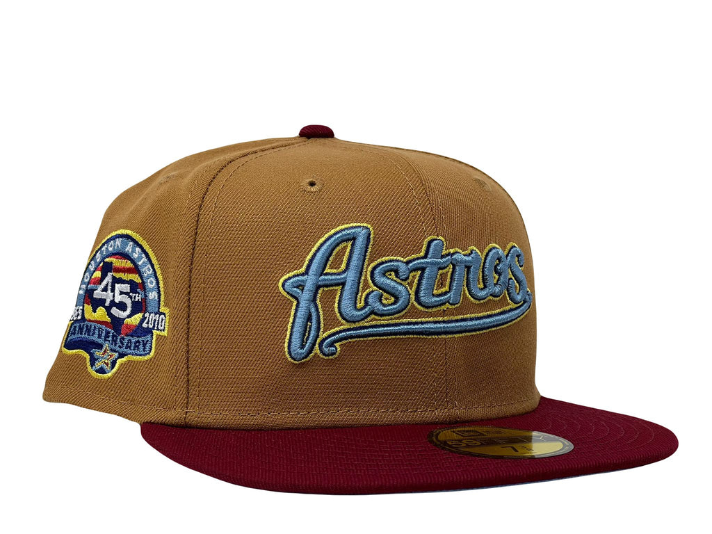 HOUSTON ASTROS 45TH ANNIVERSARY LIGHT BRONZE BURGUNDY VISOR SKY BLUE BRIM NEW ERA FITTED HAT