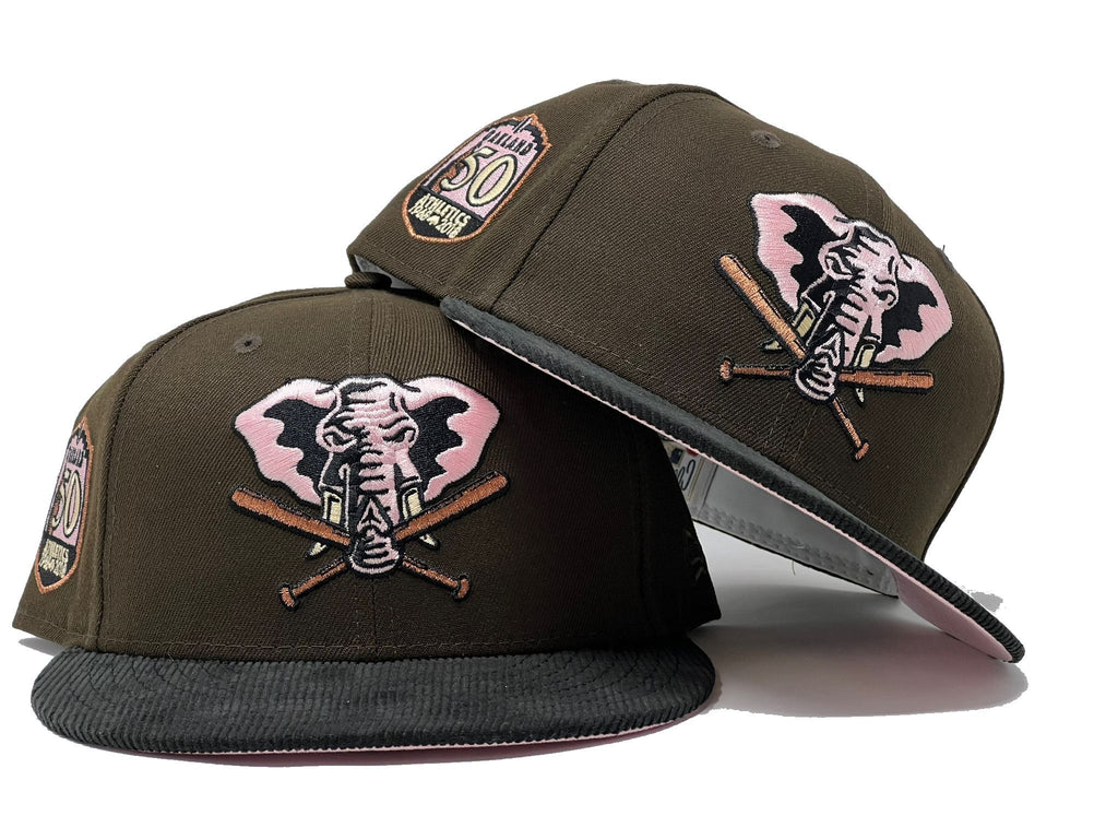 OAKLAND ATHLETICS 50TH ANNIVERSARY BROWN BLACK CORDUROY VISOR PINK BRIM NEW ERA FITTED HAT