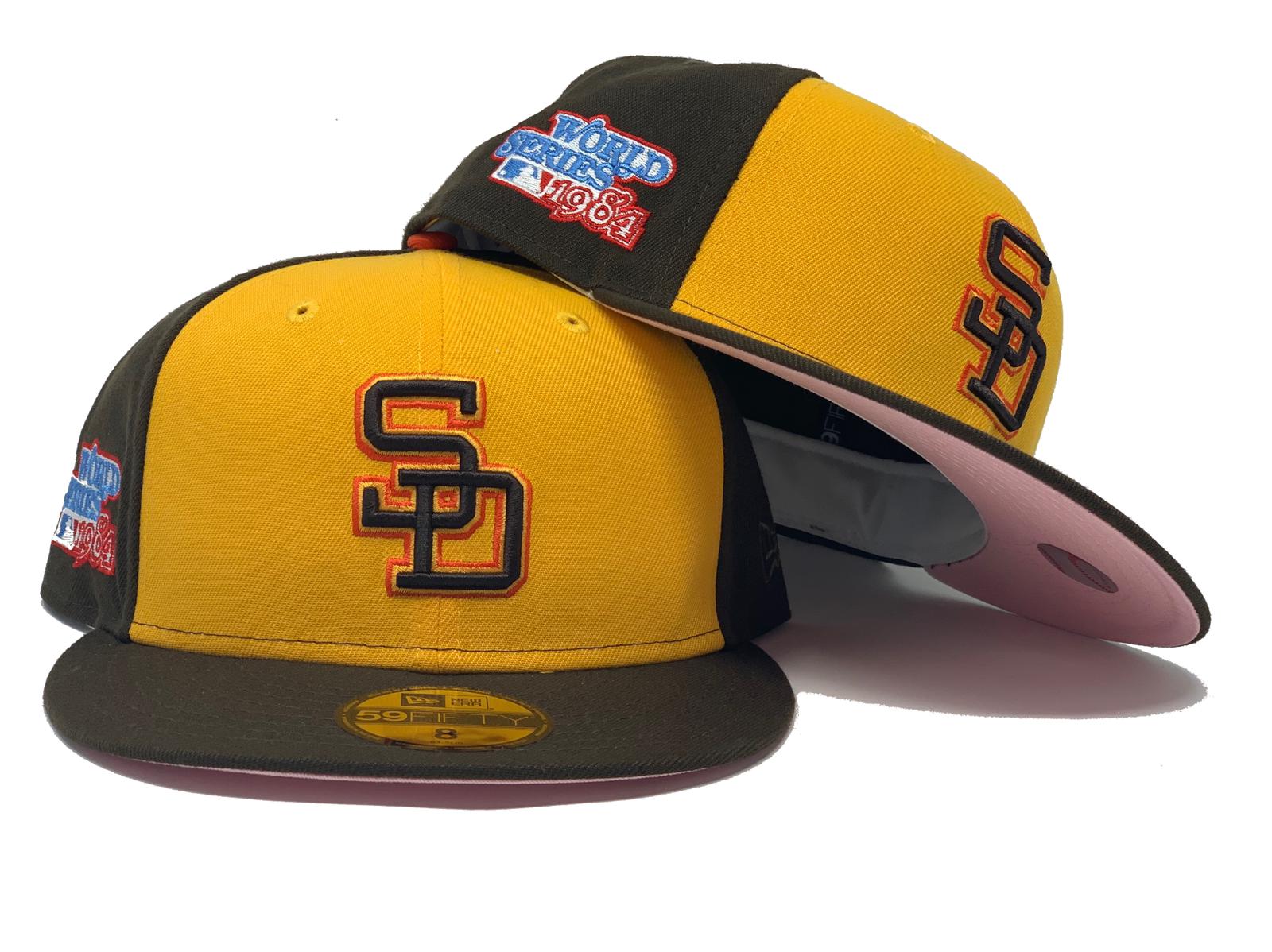 San Diego Padres New Era MLB 59FIFTY 5950 Fitted Cap Hat Brown Crown/Visor  Yellow/Orange Cooperstown Logo 1984 World Series Side Patch Green UV