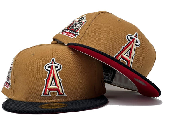 ANAHIEM ANGELS 50TH ANNIVERSARY CORDUROY VISOR RED BRIM NEW ERA FITTED HAT