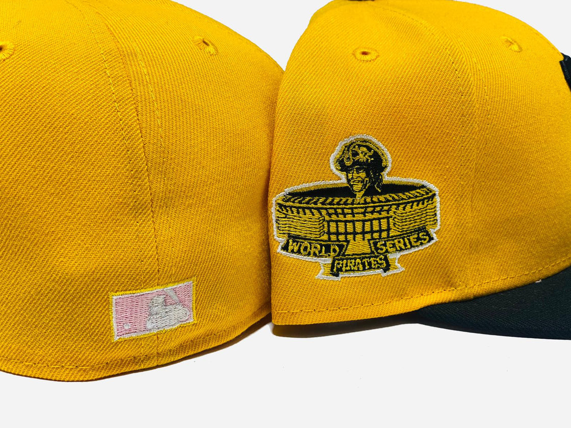 PITTSBURGH PIRATES 1971 WORLD SERIES YELLOW CAP BLACK VISOR PINK BRIM NEW ERA FITTED HAT TO MATCH JORDAN 1 VOLT GOLD