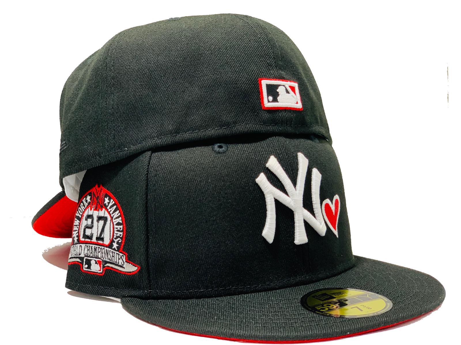 black and red fitted hat with patch