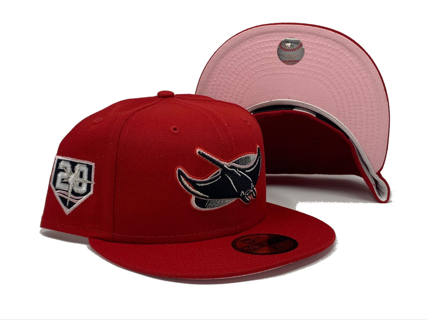 TAMPA BAY DEVIL RAYS 20TH ANNIVERSARY "STRAWBERRY REFRESHER" RED PINK BRIM NEW ERA FITTED HAT