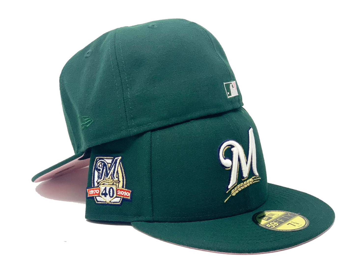 MILWAUKEE BREWERS 40TH SEASON DARK GREEN PINK BRIM NEW ERA FITTED HAT