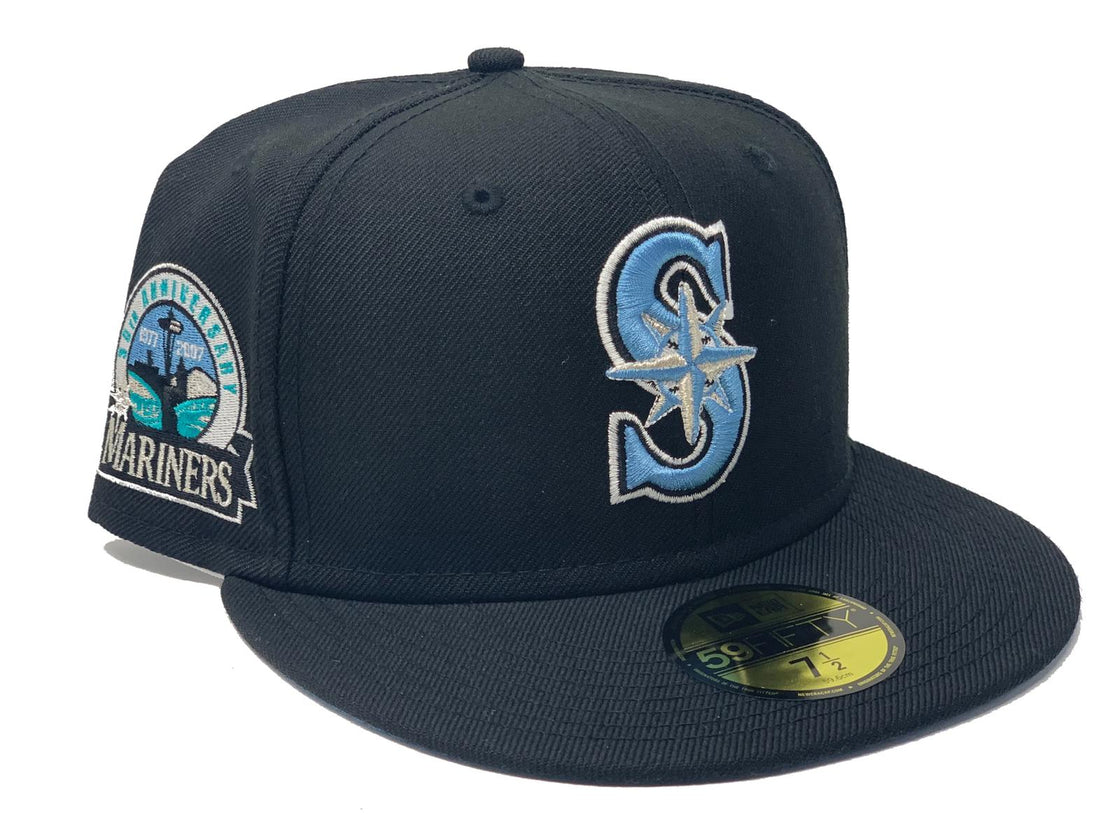 SEATTLE MARINERS 30TH ANNIVERSARY BLACK ICY BRIM NEW ERA FITTED HAT