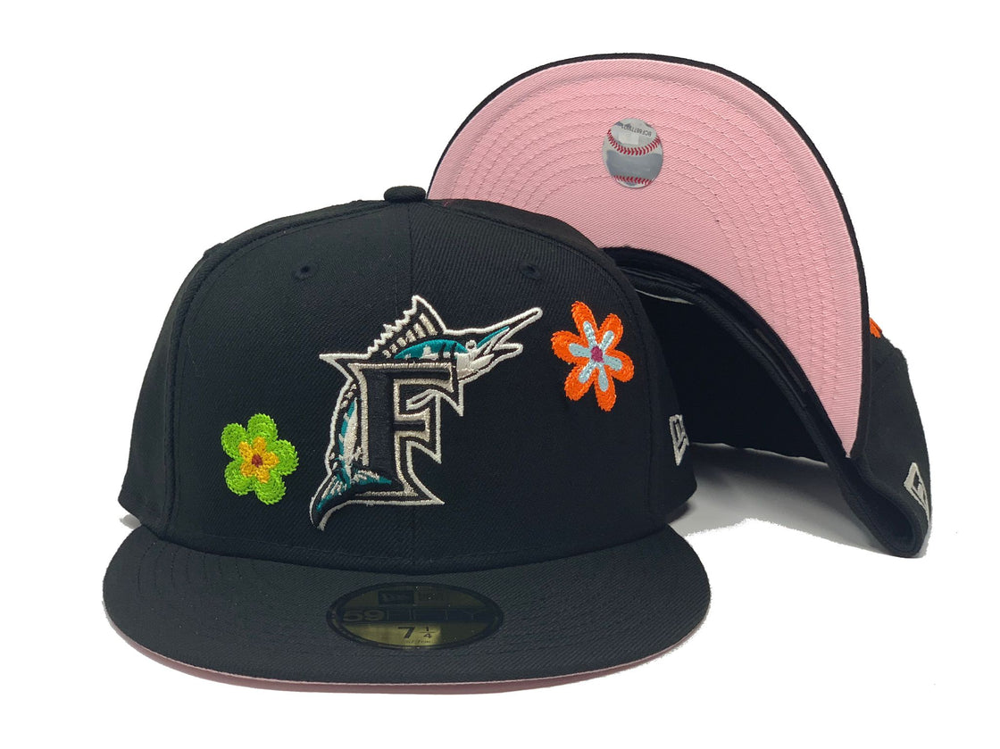 Black Florida Marlins Floral Pattern 59fifty New Era Fitted Hat