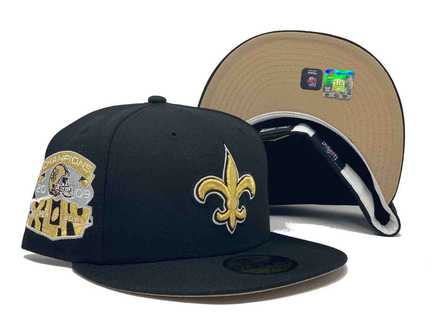 NEW ORLEANS SAINTS 2009 SUPER BOWL CHAMPION BLACK BEIGE BRIM NEW ERA FITTED HAT