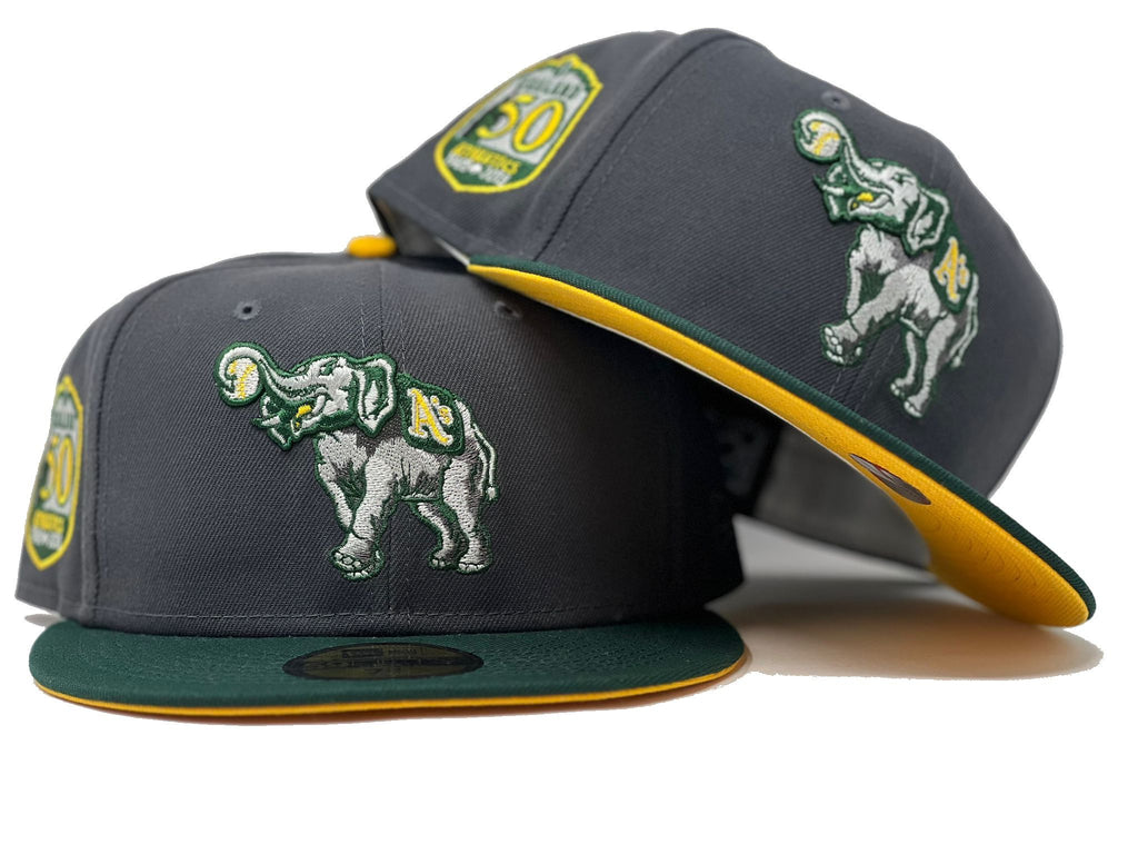 Oakland Athletics 50th Anniversary Dark Gray Green Visor Yellow Brim New Era Fitted Hat