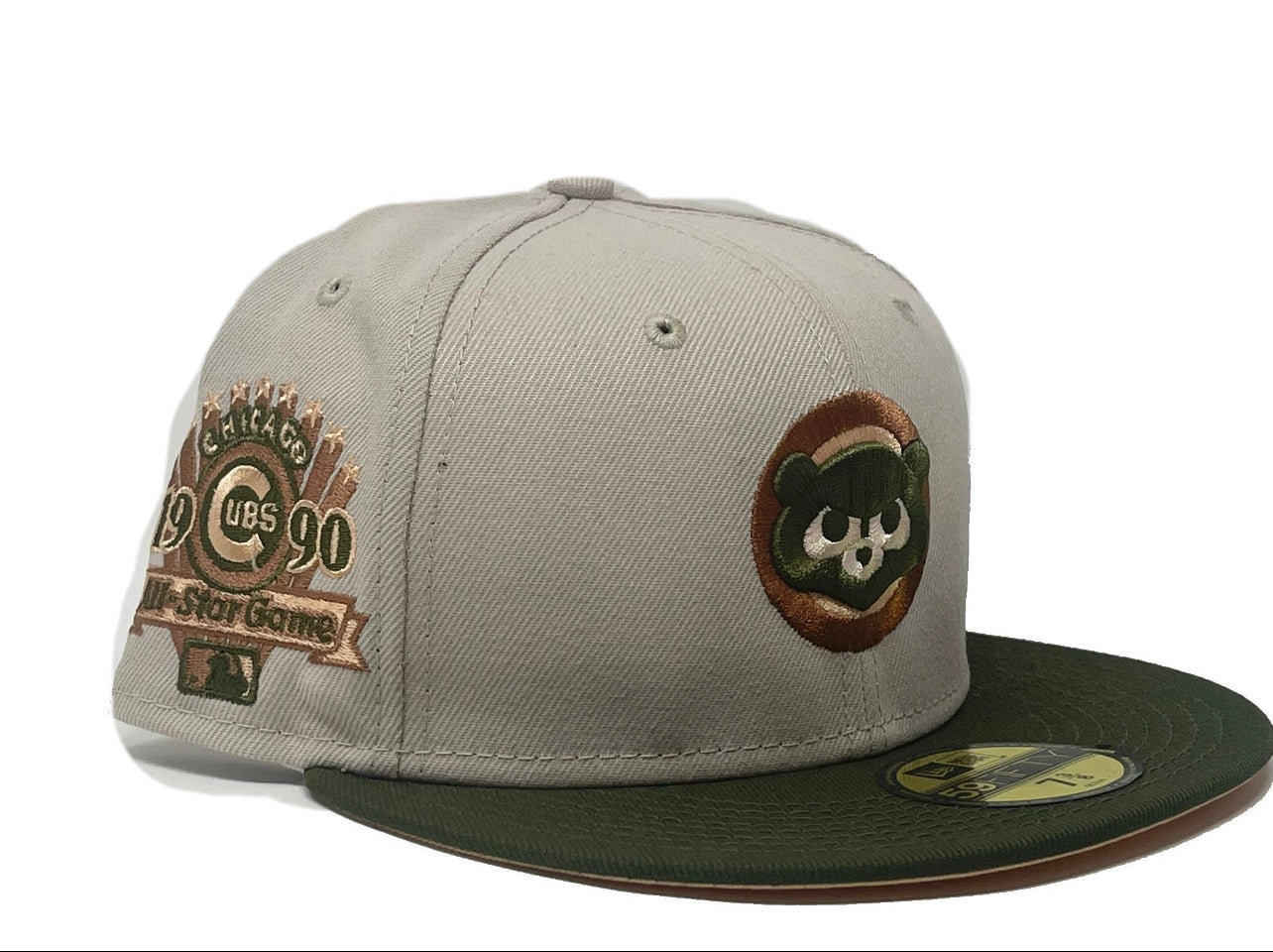 CHICAGO CUBS 1990 ALL STAR GAME STONE OLIVE GREEN VISOR PEACH BRIM NEW ERA FITTED HAT