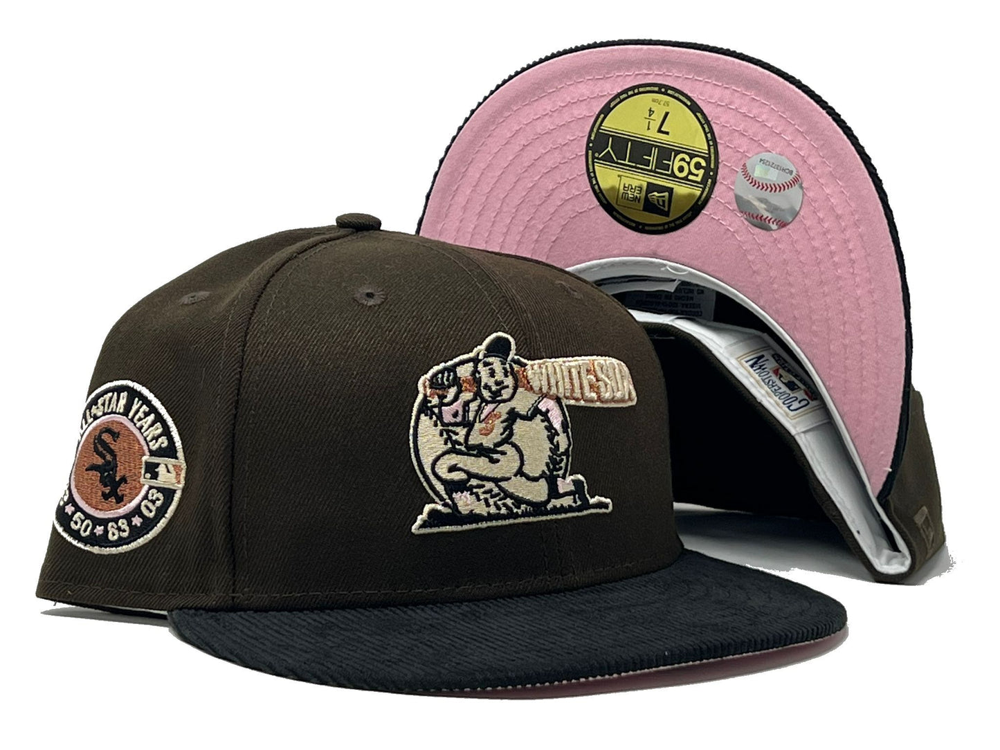 CHICAGO WHITE SOX 100 YEARS ANNIVERSARY BROWN BLACK CORDUROY VISOR PINK BRIM NEW ERA FITTED HAT