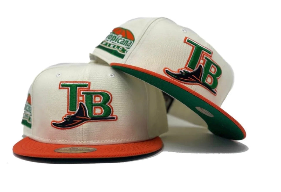 TAMPA BAY TROPICANA FIELD OFF WHITE ORANGE VISOR GREEN BRIM NEW ERA FITTED HAT
