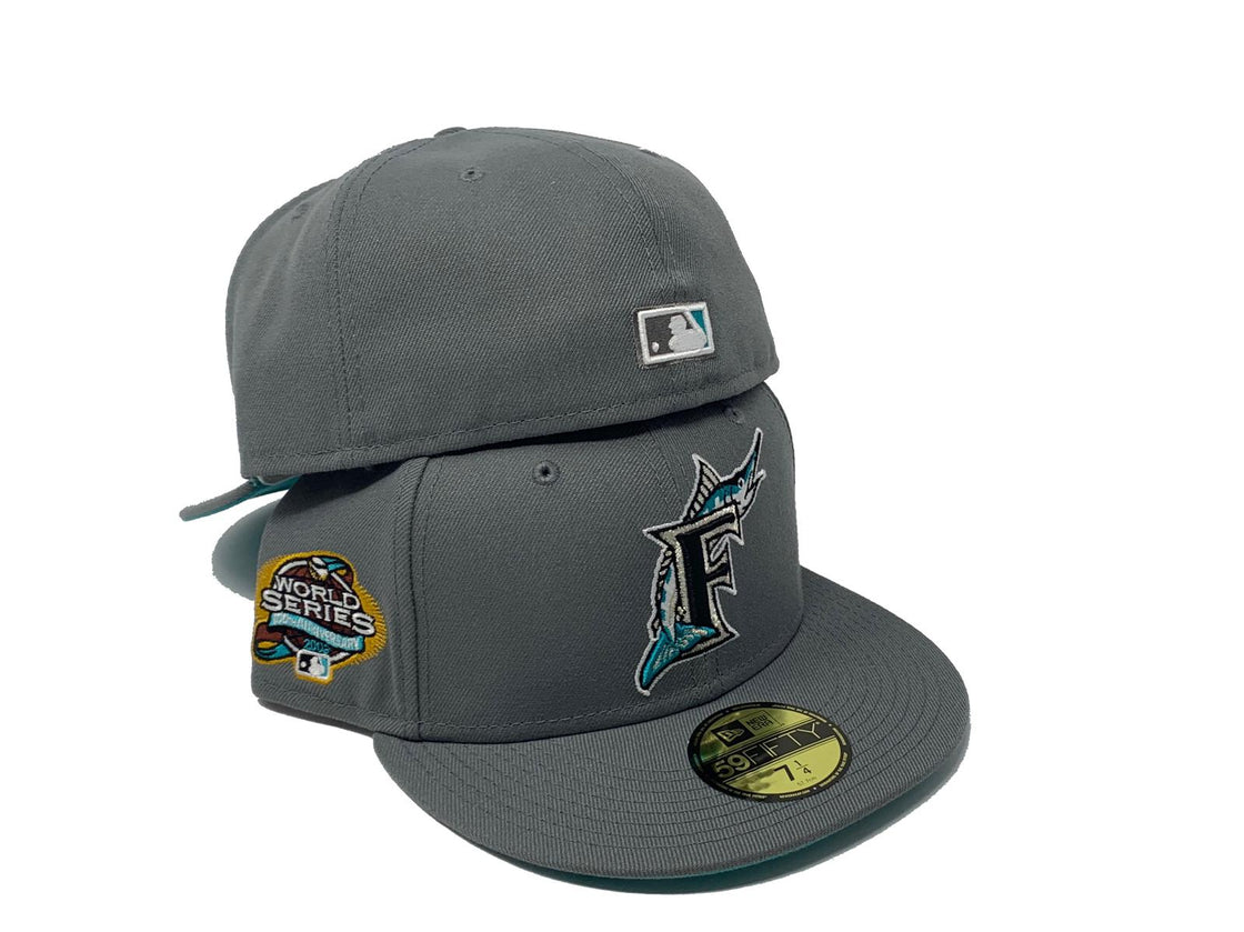 FLORIDA MARLIN  2003 WORLD SERIES STORM GRAY TEAL BRIM NEW ERA FITTED HAT