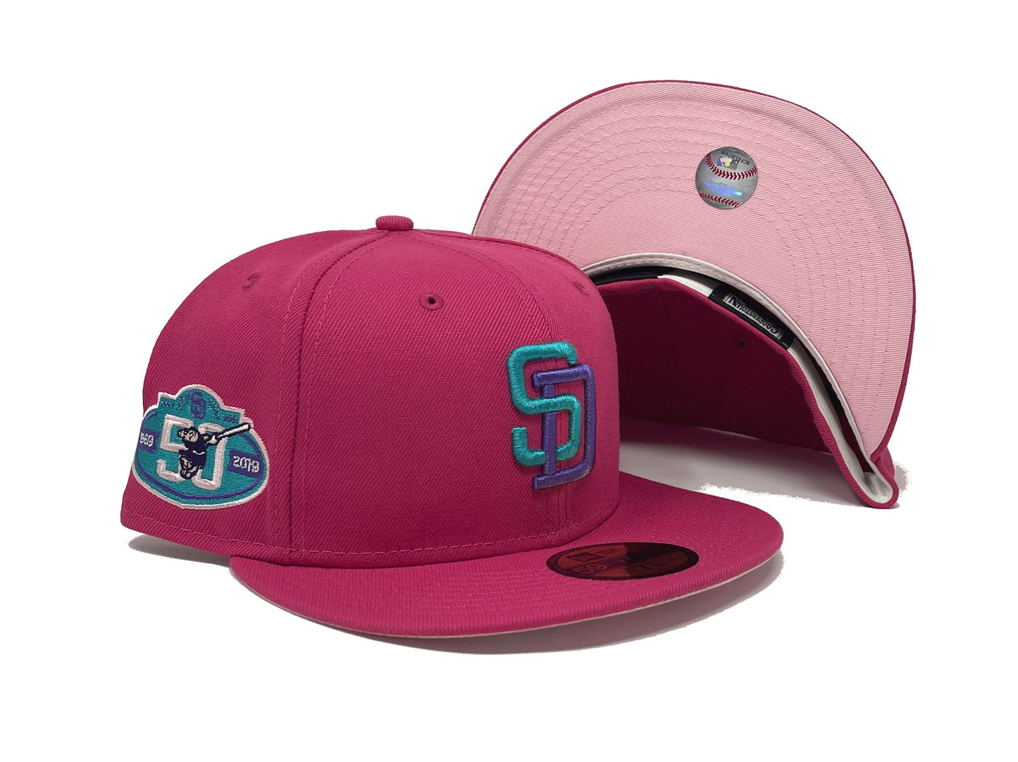SAN DIEGO PADRES 50TH ANNIVERSARY "BUBBLE TAPE" PINK BRIM NEW ERA FITTED HAT