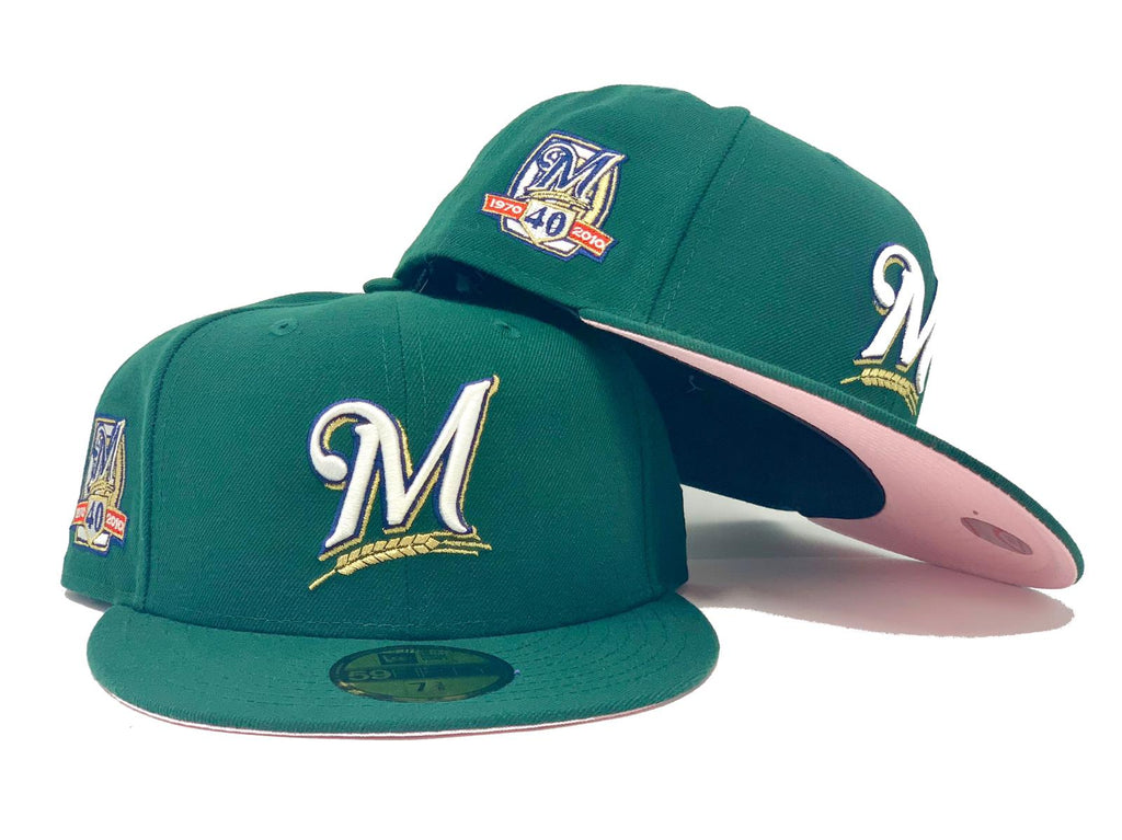 MILWAUKEE BREWERS 40TH SEASON DARK GREEN PINK BRIM NEW ERA FITTED HAT
