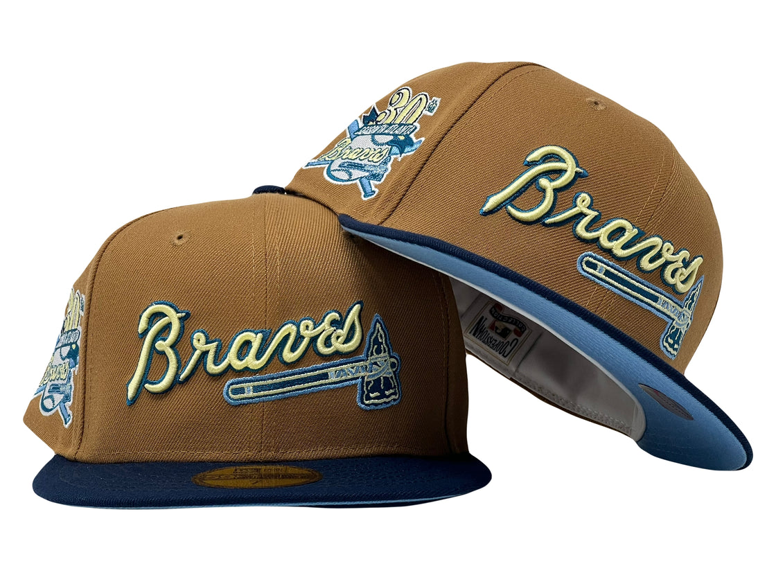 ATLANTA BRAVES 30TH ANNIVERSARY LIGHT BRONZE NAVY BLUE VISOR ICY BRIM NEW ERA FITTED HAT