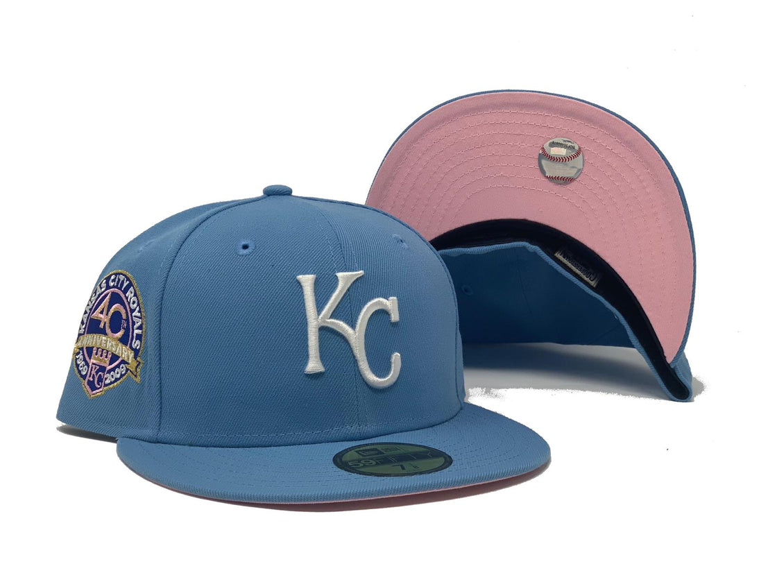 KANSAS CITY ROYALS 40TH ANNIVERSARY SKY BLUE PINK BRIM NEW ERA FITTED HAT