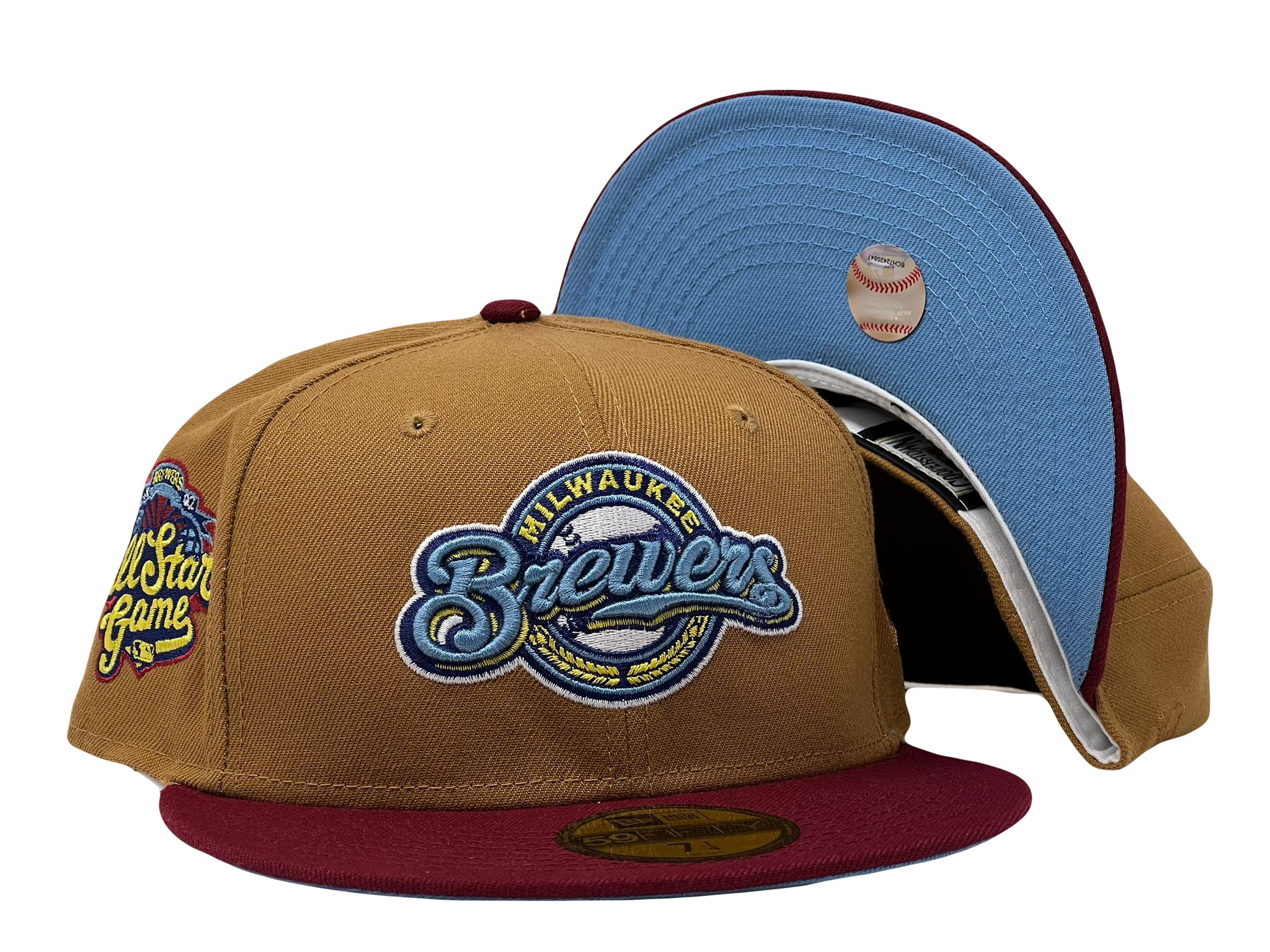 Milwaukee Brewers New Era 2002 MLB All-Star Game Sky Blue Undervisor  59FIFTY Fitted Hat - Tan