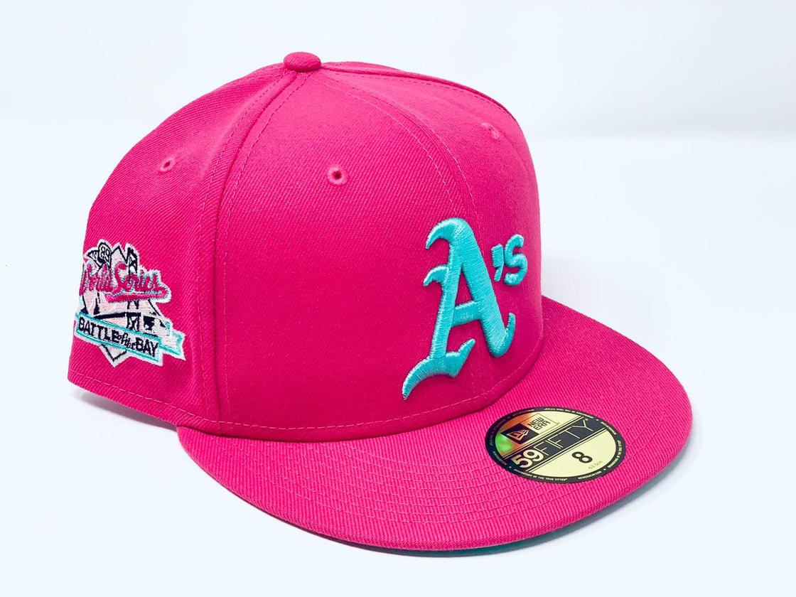 OAKLAND ATHLETICS 1989 BATTLE OF THE BAY WORLD SERIES HOT PINK SEA GLASS BRIM NEW ERA FITTED HAT