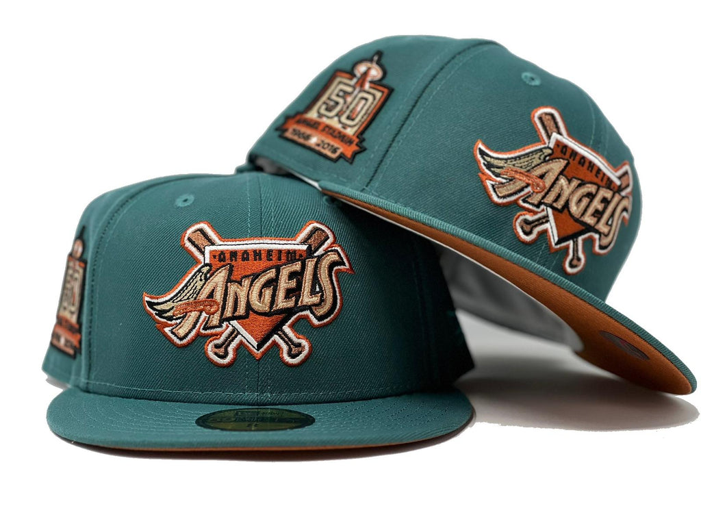Anahiem  Angeles 50th Anniversary Pine Needle Green Rust Orange Brim New Era Fitted Hat