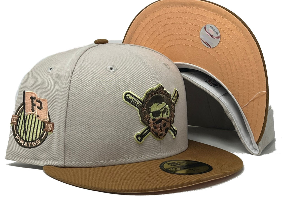 Pittsburgh Pirates 1887 Established Side Patch Stone Camel Visor Peach Brim New Era Fitted Hat